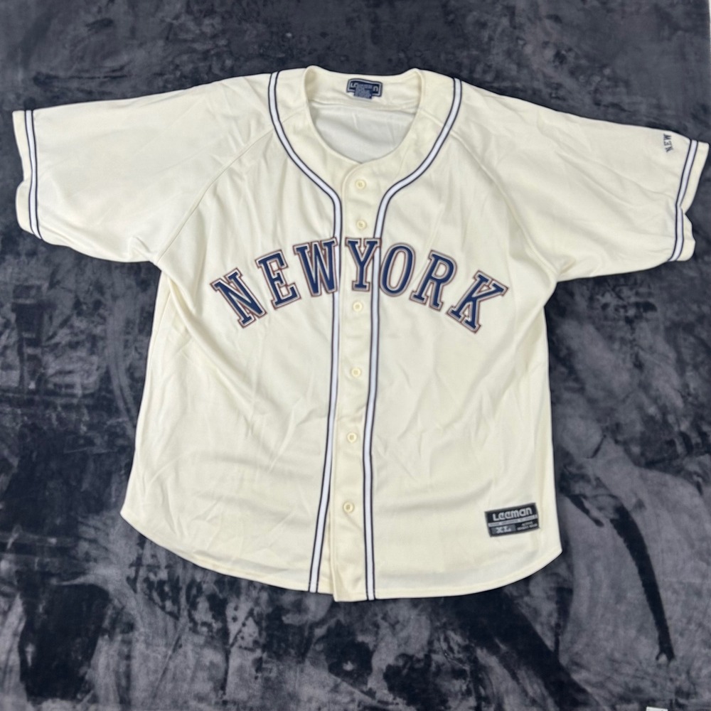 Leeman Baseball Jersey Mens XL Cream New York Button Up Mesh Activewear